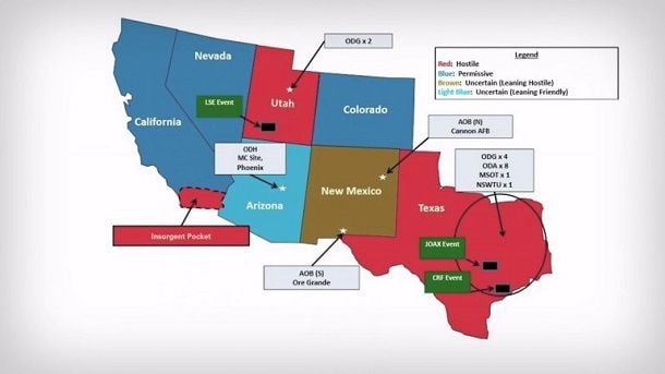 Jade Helm map showing Texas, Utah and part of California as "hostile"