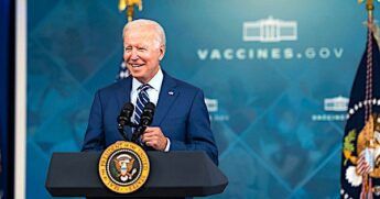 President Joe Biden delivers remarks before receiving a COVID-19 booster shot in the South Court Auditorium of the Eisenhower Executive Office Building, Monday, Sept. 27, 2021, at the White House. (Official White House photo by Cameron Smith)