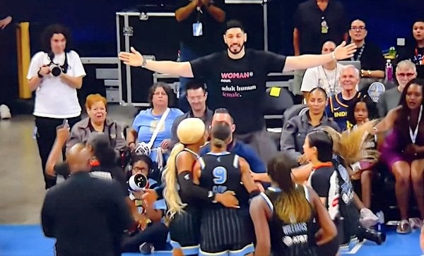 Enes Kanter Freedom gets kicked out of a WNBA game for wearing a T-shirt with the definition of a woman on Sunday, Aug. 23, 2026 (Video screenshot)