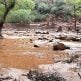 Remnants of stone bridge pylons remain along Bright Angel Creek following a flash flood that destroyed the footbridge on Aug. 29, 2026. The flooding caused significant damage to infrastructure throughout the canyon. (National Park Service photo)